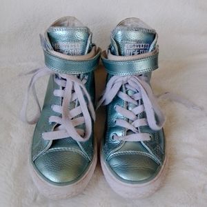 Converse All Star Chunk Taylor metallic green leather high top sneakers size 2 Y